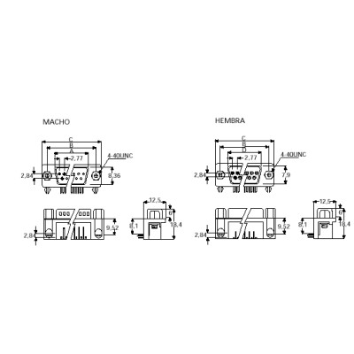 CONECTOR SUB-D ACODADO PARA C.I. (7,2 mm)