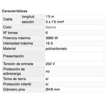 DH BASE MÚLTIPLE DE 6 TOMAS CON INTERRUPTORES INDEPENDIENTES Y PROTECCIÓN INFANTIL