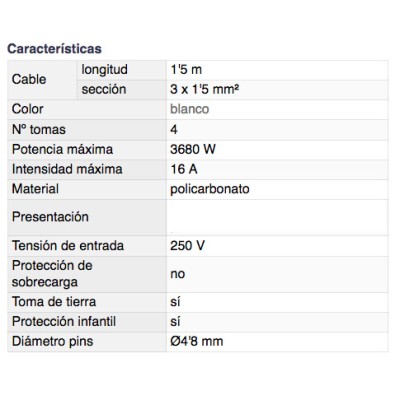 DH BASE MÚLTIPLE DE 4 TOMAS CON INTERRUPTOR Y PROTECCIÓN INFANTIL