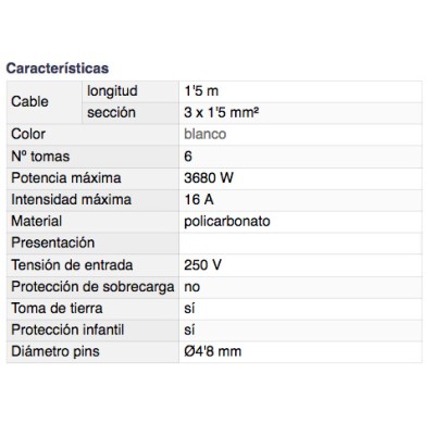 DH BASE MÚLTIPLE DE 6 TOMAS CON INTERRUPTOR Y PROTECCIÓN INFANTIL