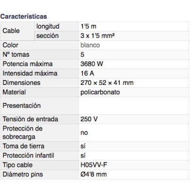 DH BASE MÚLTIPLE DE 5 TOMAS CON INTERRUPTOR Y PROTECCIÓN INFANTIL