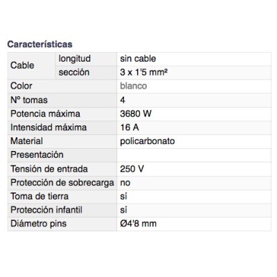 DH BASE MÚLTIPLE DE 4 TOMAS CON INTERRUPTOR Y PROTECCIÓN INFANTIL