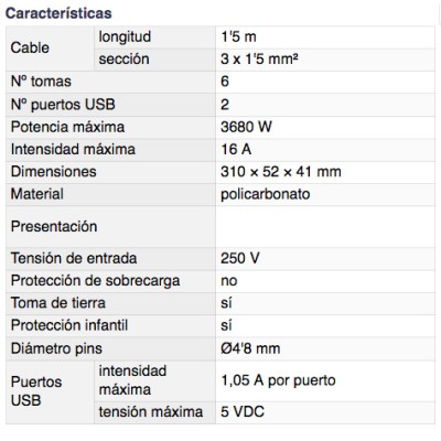 DH BASE MÚLTIPLE DE 6 TOMAS CON INTERRUPTOR, 2 PUERTOS USB Y PROTECCIÓN INFANTIL