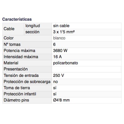 DH BASE MÚLTIPLE DE 6 TOMAS CON INTERRUPTOR Y PROTECCIÓN INFANTIL