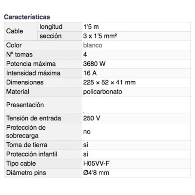 DH BASE MÚLTIPLE DE 4 TOMAS CON INTERRUPTOR Y PROTECCIÓN INFANTIL