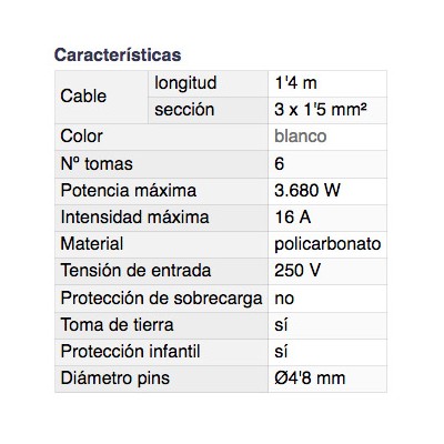 DH BASE MÚLTIPLE DE 6 TOMAS CON INTERRUPTOR Y PROTECCIÓN INFANTIL