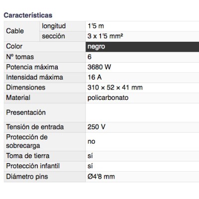 DH BASE MÚLTIPLE DE 6 TOMAS CON INTERRUPTOR Y PROTECCIÓN INFANTIL