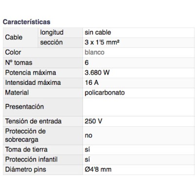 DH BASE MÚLTIPLE DE 6 TOMAS CON INTERRUPTOR Y PROTECCIÓN INFANTIL