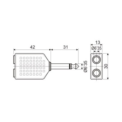 DH ADAPTADOR MACHO MONO 6,35 MM A DOBLE HEMBRA ESTÉREO 6,35 MM