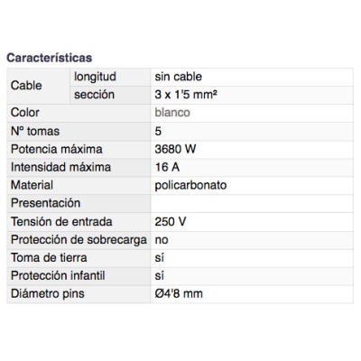 DH BASE MÚLTIPLE DE 5 TOMAS CON INTERRUPTOR Y PROTECCIÓN INFANTIL