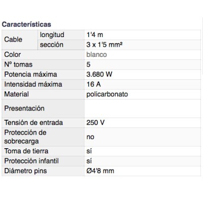 DH BASE MÚLTIPLE DE 5 TOMAS CON INTERRUPTOR Y PROTECCIÓN INFANTIL