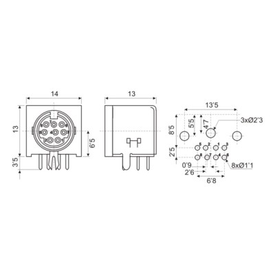 DH CONECTOR BASE MINI DIN HEMBRA BLINDADO PARA CIRCUITO IMPRESO