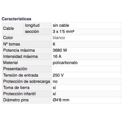 DH BASE MÚLTIPLE DE 6 TOMAS CON PROTECCIÓN INFANTIL