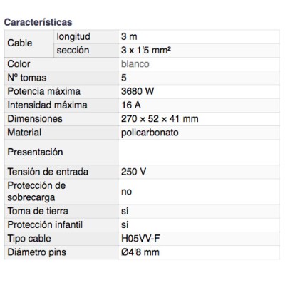 DH BASE MÚLTIPLE DE 5 TOMAS CON INTERRUPTOR Y PROTECCIÓN INFANTIL