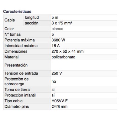 DH BASE MÚLTIPLE DE 5 TOMAS CON INTERRUPTOR Y PROTECCIÓN INFANTIL