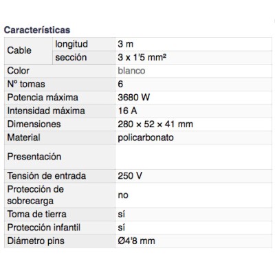 DH BASE MÚLTIPLE DE 6 TOMAS CON PROTECCIÓN INFANTIL