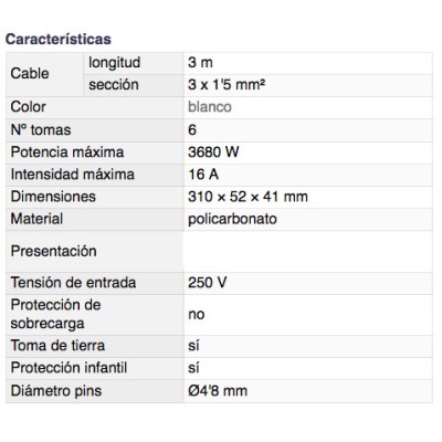 DH BASE MÚLTIPLE DE 6 TOMAS CON INTERRUPTOR Y PROTECCIÓN INFANTIL