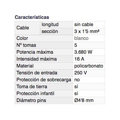 DH BASE MÚLTIPLE DE 5 TOMAS CON INTERRUPTOR Y PROTECCIÓN INFANTIL